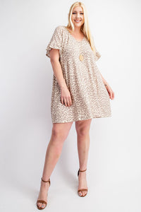 V Neck Leopard Print Dress with Ruffled Sleeves - Curvy