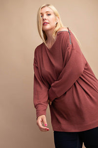 Wide Boat- Neck Textured Knit Top - Brick *Curvy