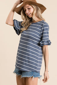 Navy Striped Knit Top with Ruffle Tier Sleeve