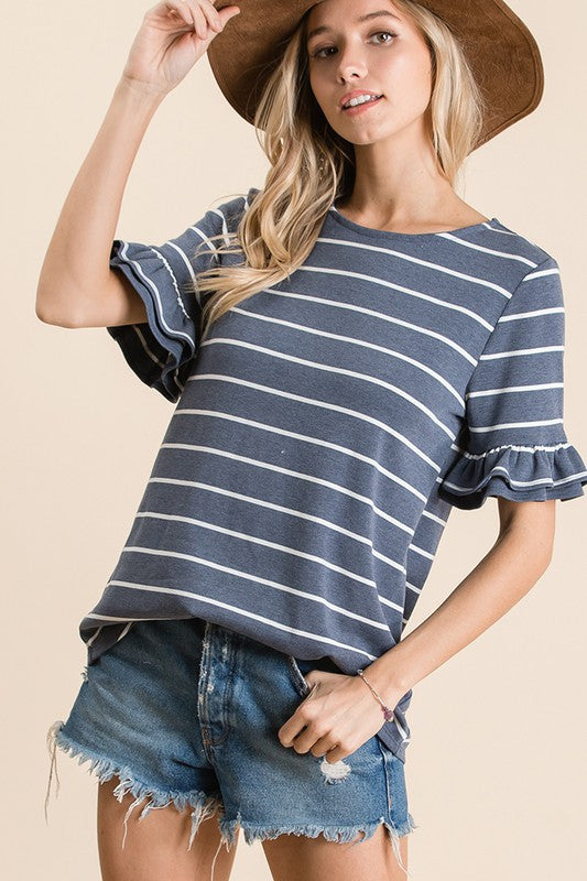 Navy Striped Knit Top with Ruffle Tier Sleeve
