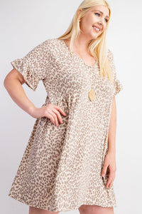 V Neck Leopard Print Dress with Ruffled Sleeves - Curvy