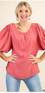 Balloon Sleeve Blouse with Shirring Neckline