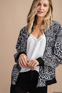 Leopard Bomber Jacket with Solid Trim