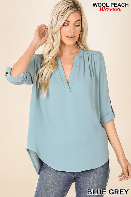 Henley Blouse Split Neck with Roll up Sleeve