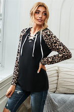 Load image into Gallery viewer, Lace Up Top Black with Leopard Sleeve
