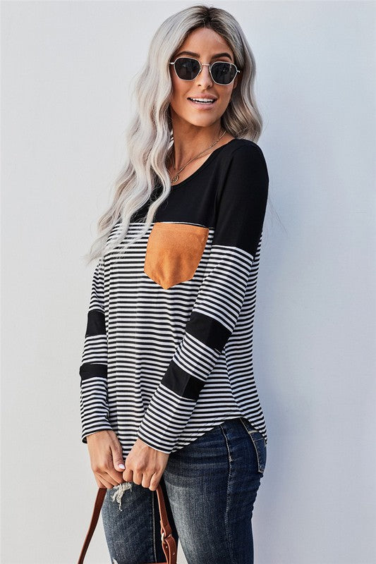 Striped Long Sleeve Top with Patch Pocket