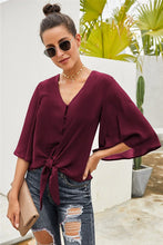 Load image into Gallery viewer, V Neck Wine Top with Fluttering Sleeves

